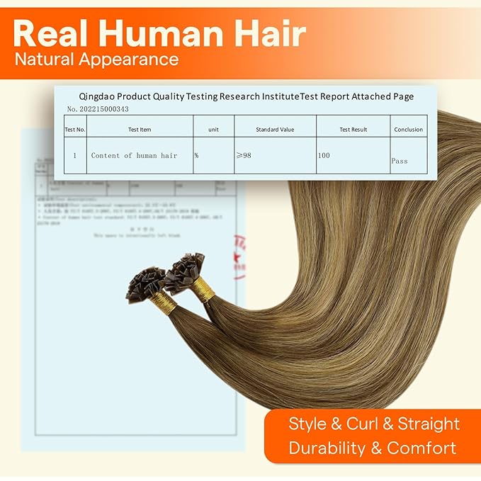 Full Shine Keratin Tip Hair Extensions Human Hair 18 Inch 50 Grams Color 4/24/4 Brown and Blonde Invisible Ktip Human Hair Extensions Fusion Extensions Natural Remy Hair