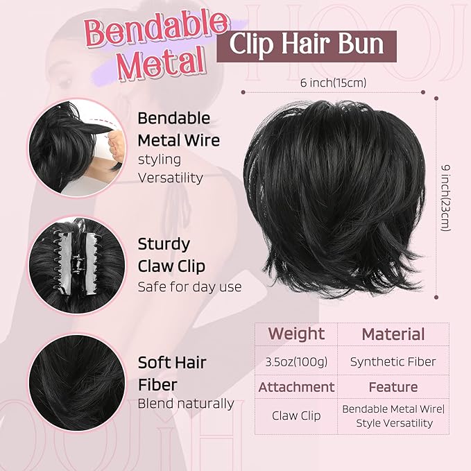 HOOJIH Messy Bun Hair Piece, Claw Clip in Straight Hair Bun 9 Inch Short Ponytail Extension with Bendable Metal Wire Hair Pieces for Women Fake Hair Bun DIY Styles - Black
