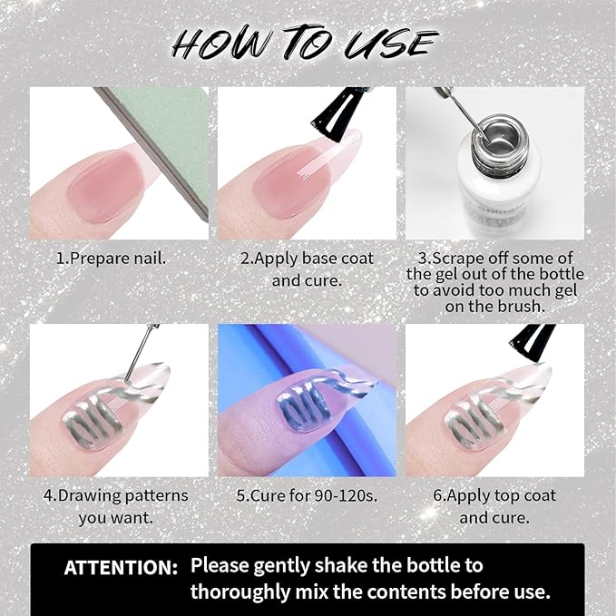 12ml Metallic Painting Gel Liner Nail Art 3D Mirror Chrome Effect Metal Painted Drawing Build in Thin Brush Soak Off UV/LED Silver Striper Gel for Salon Home DIY Manicure