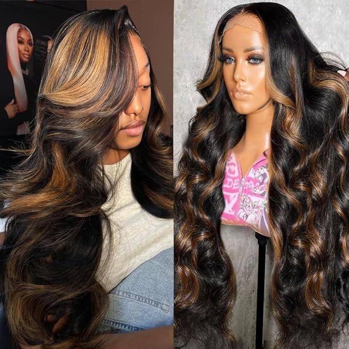 28Inch 13x6 Highlight Body Wave Lace Front Wig Human Hair Pre Plucked 180% Density 1B/30 Ombre Frontal Wigs Brazilian Virgin Human Hair Wigs for Women Pre Plucked with Baby Hair