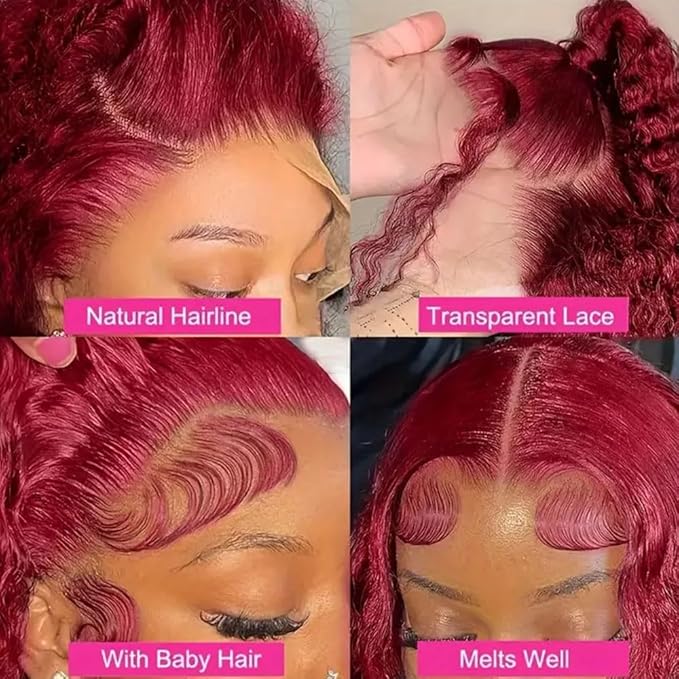 99J Burgundy Deep Wave Lace Front Wigs Human Hair Pre Plucked 13x4 HD Lace Front Wigs for Black Women 24 Inch Red Colored Deep Curly Wet and Wavy Glueless Human Hair Wig