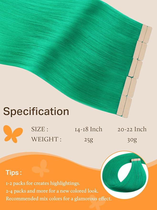 DOORES Hair Extensions Real Human Hair, Green Tape in Hair Extensions 18 Inch 25g 10pcs, Human Hair Extensions Tape in Remy Skin Weft Hair Extensions