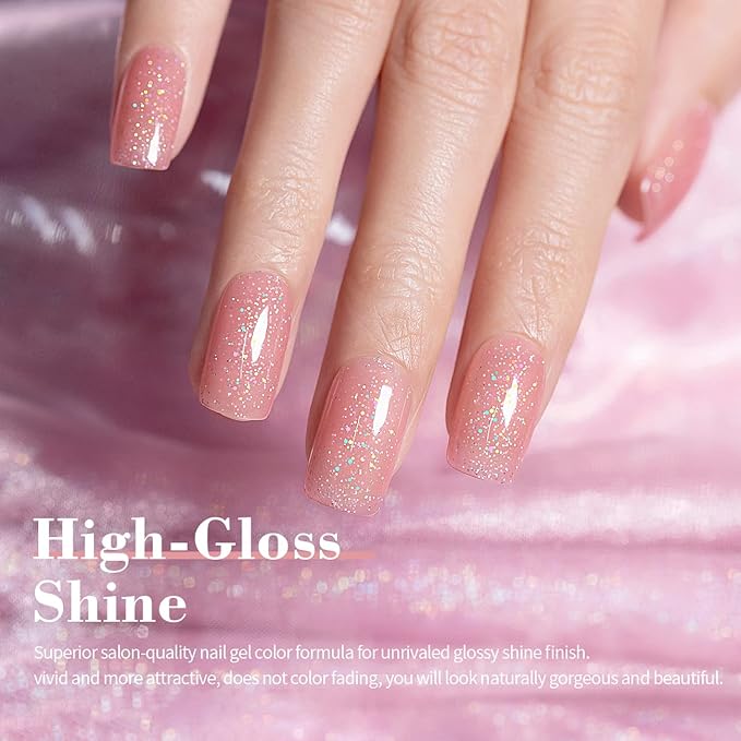RARJSM Nail Polish Nude Glitter Rose Pink Jelly Shimmery Iridescent Rainbow Pigments Sparkly Red Pink Translucent Natural Gel Polish Soak off UV LED Cured 15ml Single Bottle