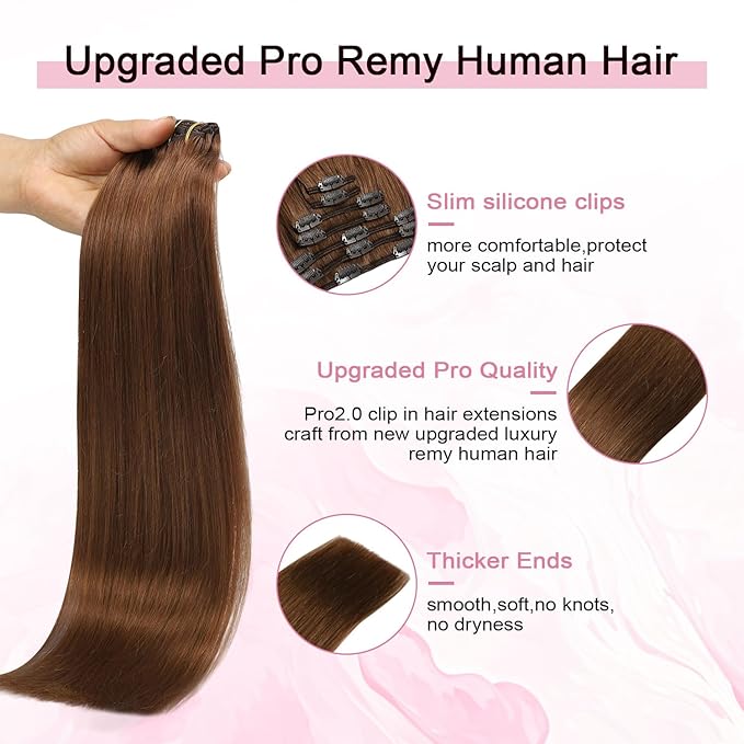 Pro2.0 Clip in Hair Extensions Real Human Hair 22inch 7pcs #33 Dark Auburn Copper Remy Real Hair Extensions Clip in Human Hair 120g Thick Double Weft for Women（#33-22inch）
