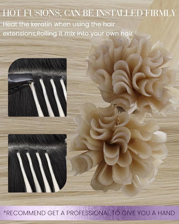 LaaVoo K Tip Hair Extensions Real Human Hair Bleach Blonde U tip Hair Extension Human Hair Hot Fusion Blonde KTip Human Hair Hair Extensions 20 inch 50g/50s