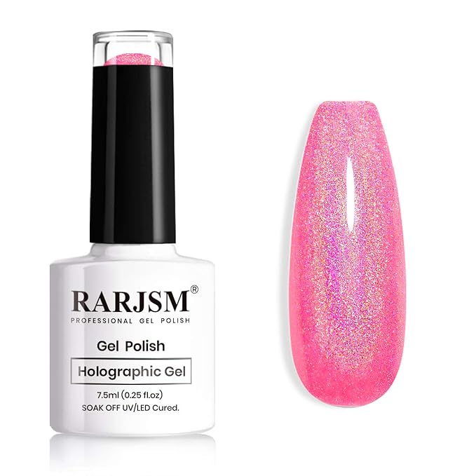 RARJSM Holographic Nail Polish Neon Hot Pink Gel Nail Polish 7.5ML Gorgeous Glossy Hologram NailGel Curing Required Gel Polish Nail Art Manicure Salon DIY at Home