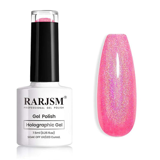 RARJSM Holographic Nail Polish Neon Hot Pink Gel Nail Polish 7.5ML Gorgeous Glossy Hologram NailGel Curing Required Gel Polish Nail Art Manicure Salon DIY at Home