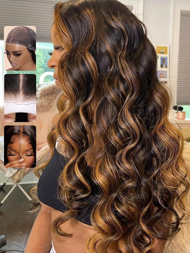 Sunber Bye Bye Knots 7x5 Lace Front Glueless Ombre Brown Highlight Body Wave Human Hair Wigs Pre Plucked Invisible Knots Pre Everything 3S Ready to Wear Highlgiht Brown Body Wave Wig 24Inch