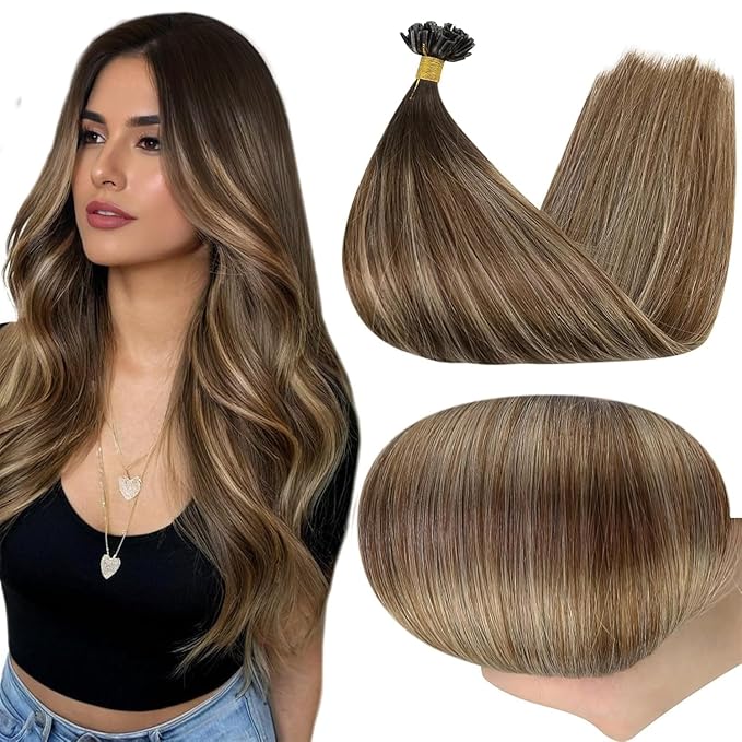 Full Shine Utip Human Hair Extensions 18 Inch 50 Grams Dark Brown Ombre to Brown Highlight Blonde Keratin Tip Hair Extensions Human Hair Straight Natural Extensions add Length