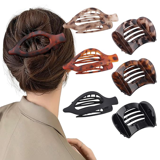 6 PCS French Flat Hair Clips for Women 2 Styles Large Matte Flat Claw Clips Strong Hold No-Slip Duckbill Hair Barrettes for Lying Down, Driving,Yoga(Leopard)
