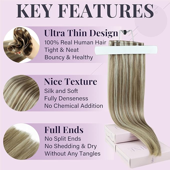 Fshine Highlight Genius Weft Sew in Real Human Hair Extensions for Women Light Brown with Platinum Blonde 16 Inch 50g Remy Straight Hair Weave Human Hair Genius Weft Natural Straight Hair Bundle