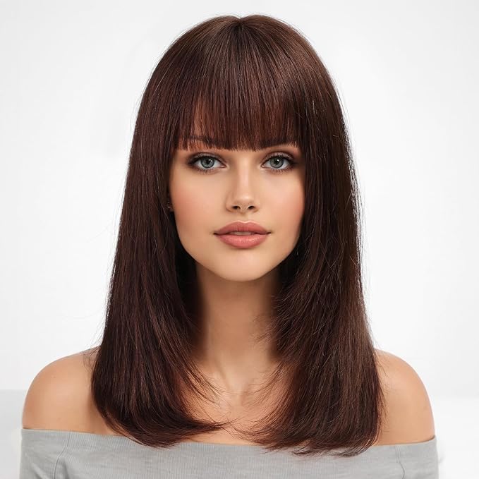 KKU 16 Inch Dark Brown Human Hair Wigs for Women,Layered Straight Hair Wig with Bangs,Wear Natural Realism