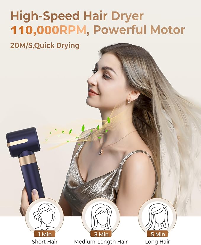 UKLISS Hair Dryer Brush 7 in 1，110000 RPM Hair Dryer with Diffuser for Curly & Twisted Hair Professional Ionic Brush Blow Dryer for Salon-Quality Styling (Blue Gold)