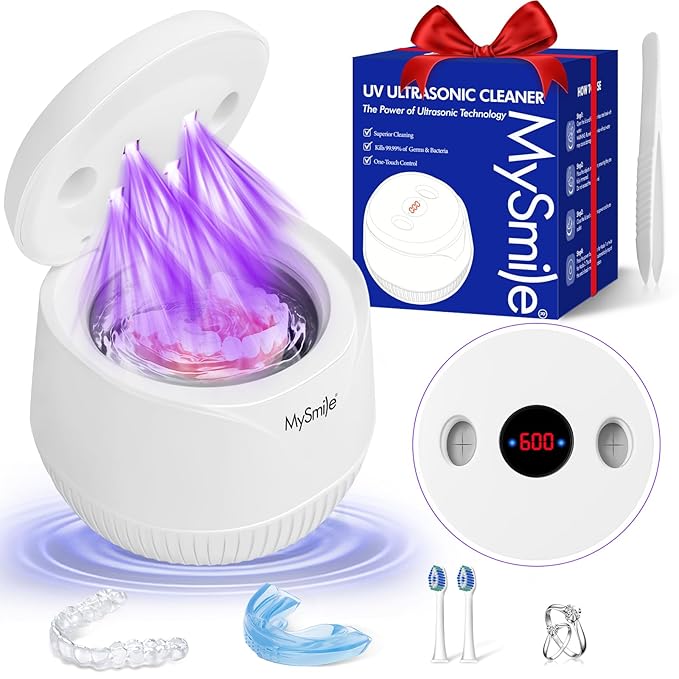 MySmile Dental Ultrasonic Retainer Cleaner Machine- 45kHz UV Denture Cleaner with 200ML Capacity for Aligner, Braces, Mouth Guard, Night Guard, Portable Dental Cleaning Pod with Digital Timer (White)