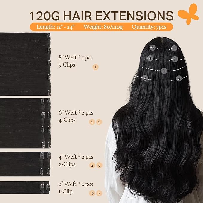 DOORES Hair Extensions Clip in Human Hair, Natural Black 12 Inch 80g 7pcs, Clip in Hair Extensions Remy Weft Natural Straight Weft for Women