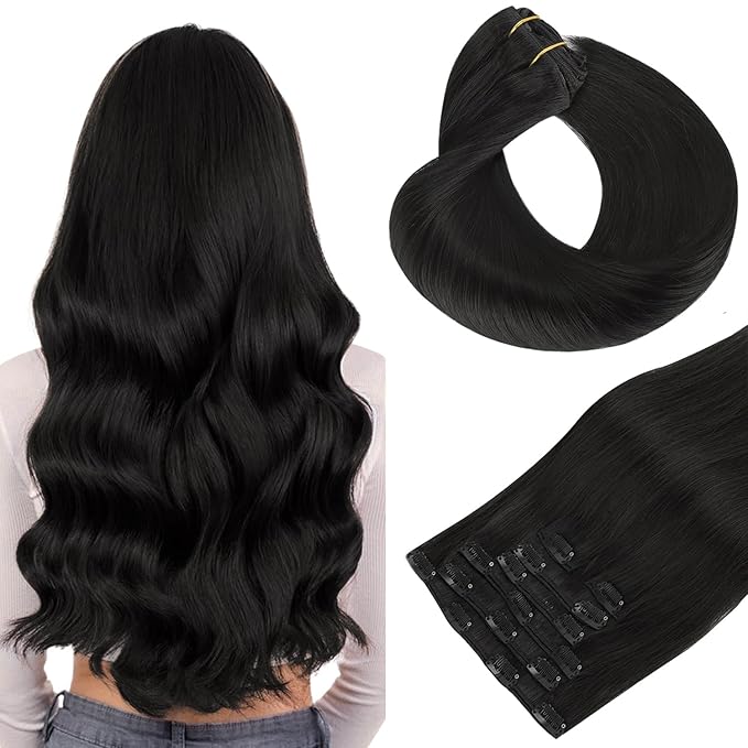 HOTBANANA Human Hair Clip in Hair Extensions, Natural Black 75g Clip in Hair Extensions Real Human Hair Straight Remy Hair Clip in Hair Extensions 12 Inch 7pcs