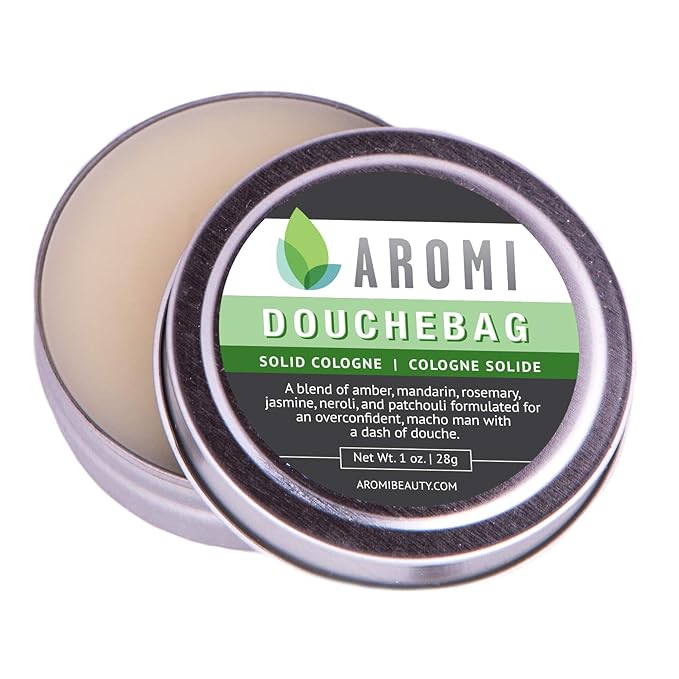 Aromi Solid Cologne | Clean, Fresh, + Aquatic Fragrance, Amber, Jasmine Scent, Vegan, Cruelty-free, Travel, Funny Men's Gift, Alcohol-free, Stocking Stuffer (Douchebag)