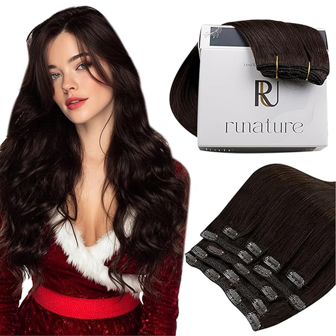 RUNATURE Brown Clip in Hair Extensions, Real Human Hair Clip in Extensions, Short Hair Extensions Clip Ins For Women, Remy Natural Hair Tangle Free, 12 Inch 80g 7pcs #2 Dark Brown