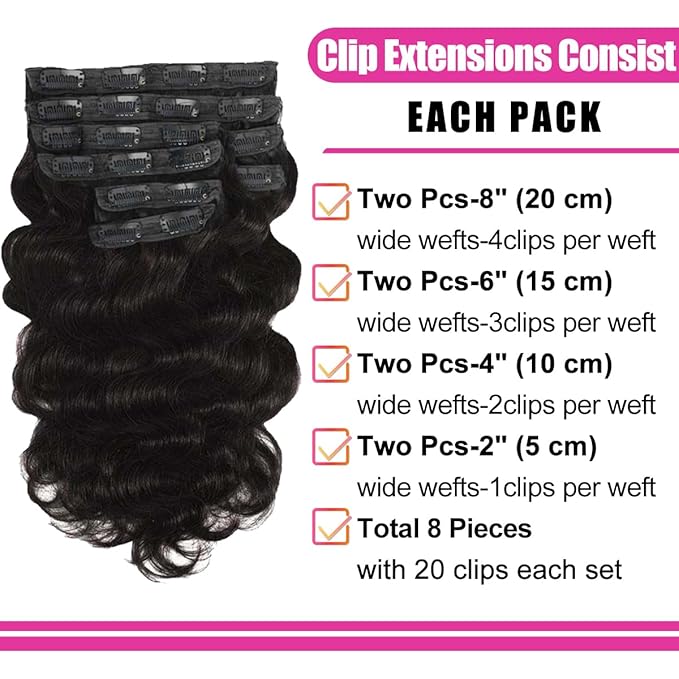 20 Inch Clip in Hair Extensions Real Human Hair Natural Black Clip in Extensions For Wamen Body Wave Human Hair Clip ins 8Pcs 110g