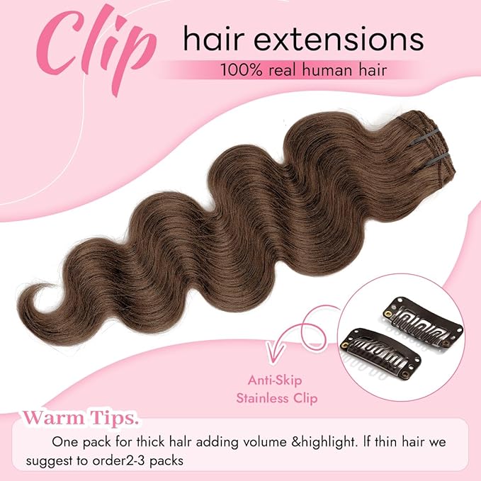 Clip in Hair Extensions Real Human Hair Body Wave 4 Chocolate Brown Clip in 100% Brazilian Remy Human Hair Extensions 8pcs Per Set with 18 Clips Double Weft 20 Inch 105g/3.6oz