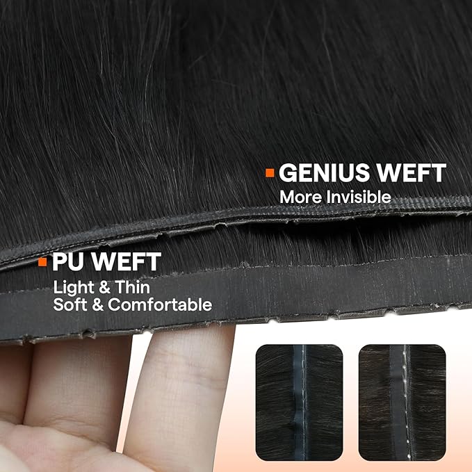 Full Shine Butterfly Weft Hair Extensions Remy Hair Invisible Pu Hole Weft Extensions 18 Inch Color #1 Jet Black Genius Weft Hair Extensions Straight Hair Weave Bundles For Women 100 Grams