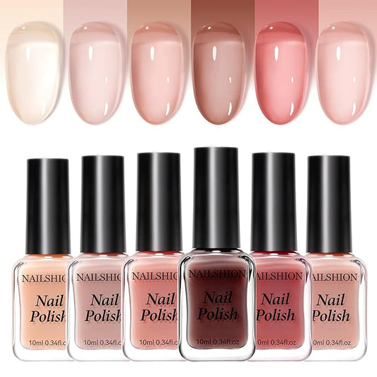 Jelly Nail Polish Set, 6 Colors Sheer Nude Nail Polish Set Pink Jelly Nude Rose Pink Brown Quick Dry Fall Winter Nail Art DIY at Home Manicure Gift for Women Girls