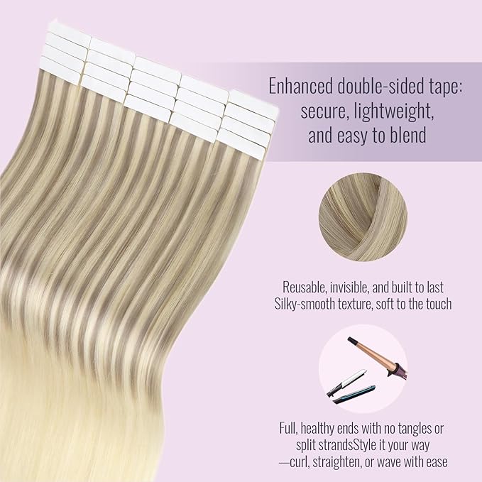 Fshine Blonde Tape In Hair Extensions Human Hair Balayage Ash Blonde To Golden And Platinum Blonde Tape Ins 20 pcs 50 g 20 Inch Skin Weft Remy Human,Designed to Boost Volume & Length