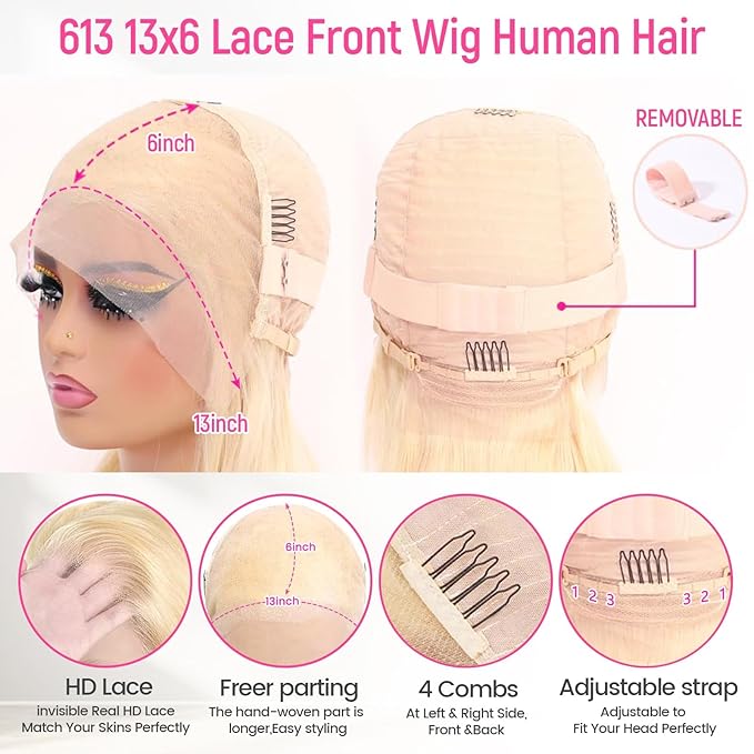 613 Lace Front Wig Human Hair 200 Density 13x6 Blonde Wig Human Hair 613 Straight HD Lace Front Wigs Human Hair Pre Plucked Blonde Wig for Women (28inch)