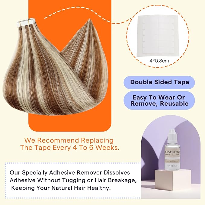 Full Shine Tape in Extensions Real Human Hair 20PCS Color 330 Orange Highlight 800 Blonde Seamless Tape in Hair Extensions Human Hair 50grams Tape ins Human Hair Extensions 22 Inch Add Length