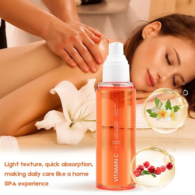 Vitamin C Body Oil for Men and Women, 4.057 fl oz, Floral Body Serum with Dogwood and Banana Flower Extracts to soothe tight skin and reveal smooth, radiant skin