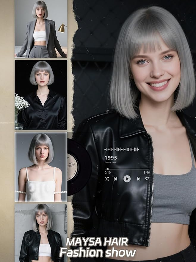 MAYSA Grey Bob Wig with Bangs Short straight Wig 12in Synthetic Cosplay Halloween Costume Wig for Women # Grey
