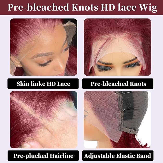 LICHANG 13x4 99J Straight Lace Front Wigs Human Hair Pre Plucked with Baby Hair for Black Women Glueless 12 Inch