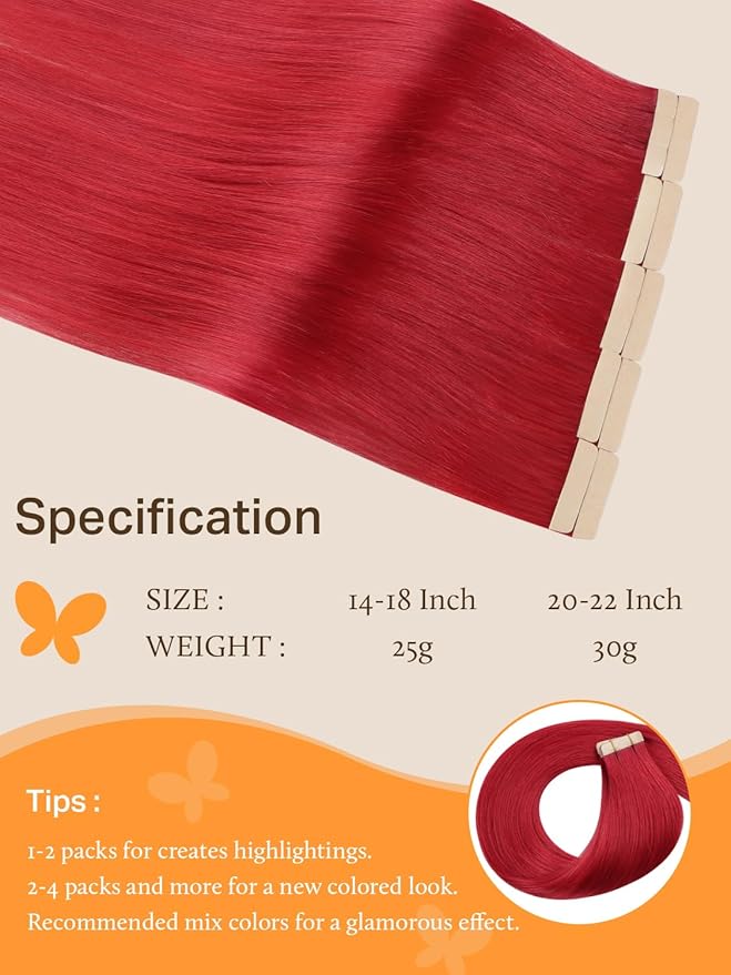 DOORES Remy Hair Tape in Human Hair Extensions, Red 14 Inch Straight Real Hair Skin Weft