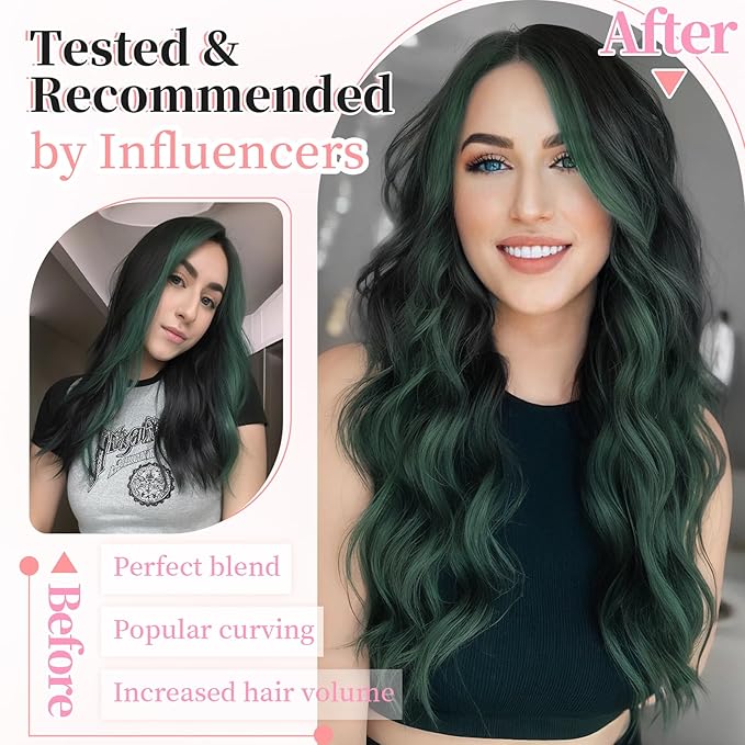 KooKaStyle Clip in Synthetic Hair Extensions Long Wavy 4PCS Thick Hairpieces Black to Green Ombre Fiber Double Weft Natural Hair Extensions 20 Inch for Women