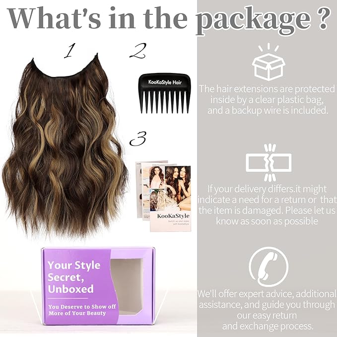 KooKaStyle Invisible Wire Hair Extensions with Transparent Headband Adjustable Size 4 Secure Clips Long Wavy Secret Wire Hairpiece for Women(16 Inch Chestnut Brown with Blonde Highlights)
