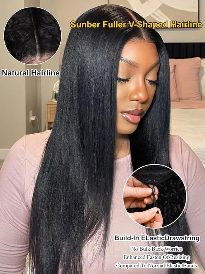 Sunber EasiContour Yaki Straight V Part Human Hair Glueless Wigs with Drawstring No Leave Out No Gel 180% Density Vpart light yaki straight Clip In Half Wigs No Leave Out Real Scalp V Shape 14Inch