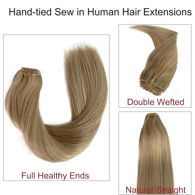 Sew in Hair Extensions Real Human Hair Wefts 22 Inch Hand Tied Weft Hair Extensions Beige Blonde and Platinum Highlights Weave Sew in Human Hair Bundles Double Weft 120grams