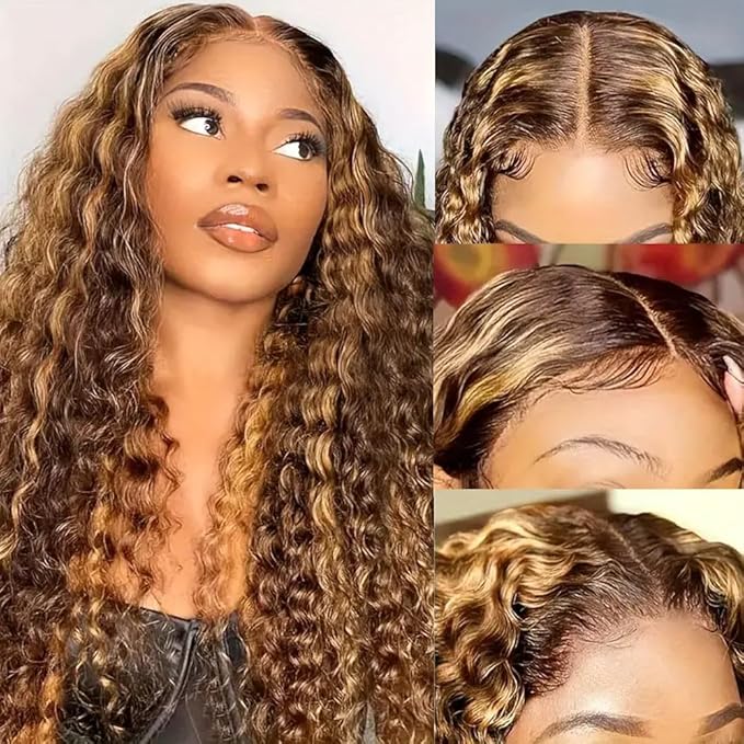 13x4 Highlight Ombre HD Lace Front Wig Human Hair For Women 180 Density 4/27 Colored Deep Wave Lace Frontal Wigs Curly Honey Blonde Wig Human Hair Pre Plucked With Baby Hair 24inch