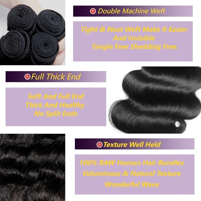 12A Human Hair Bundles 16 18 20 22 Inch Body Wave Bundles Human Hair 100% Unprocessed Virgin Hair Extensions Raw Quick Weave Extensions Natural Black