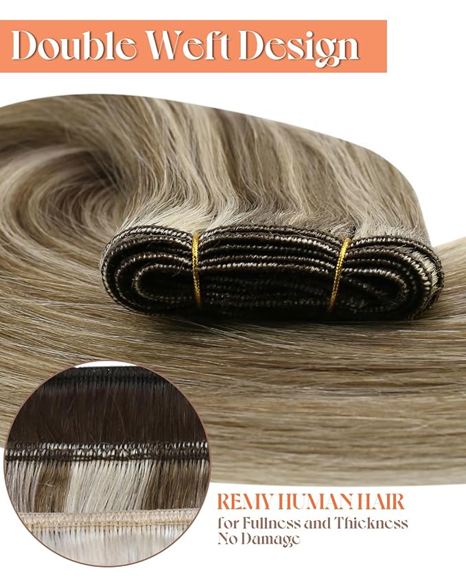 Sunny Hair 135g Sew in Hair Extensions 24inch Highlights Hair Extensions Weft Human Hair Extension Sew in Light Brown Highlights Blonde Remy Straight Hair for Women