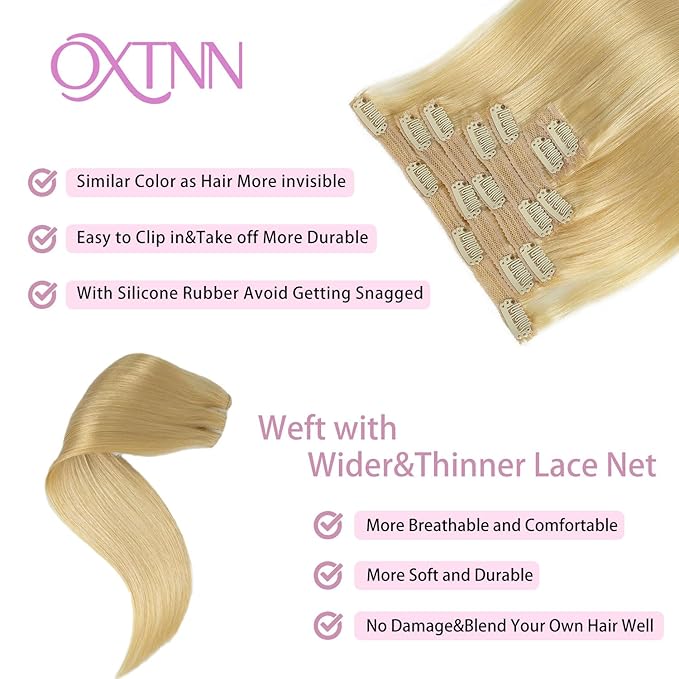 Clip in Hair Extensions Real Human Hair Bleach Blonde 20 inch 7pcs 80g/Pack, Human Hair Clip in Extensions, Salon-Grade Quality, Easy Comfort Wear for Women (#613, 20 inch)