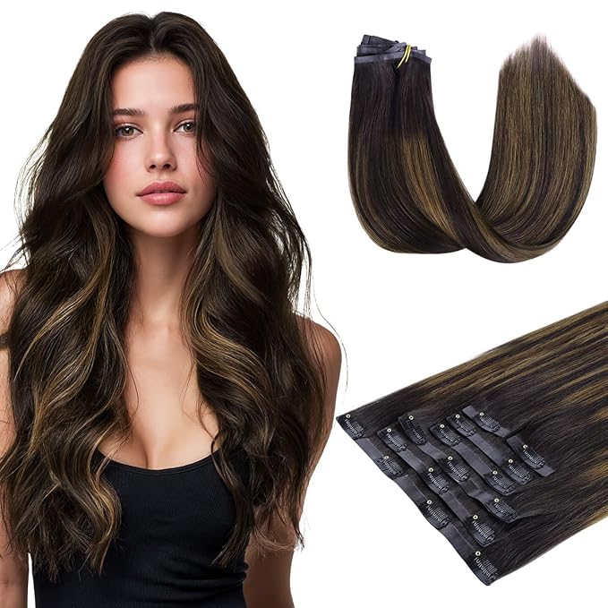 HOTBANANA Seamless Clip in Hair Extensions 20 inch 150g 7pcs Dark Brown Mixed Chestnut Brown Clip in Remy Human Hair Extensions Straight Hair Invisible PU Skin Weft