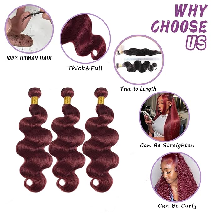 99J Burgundy Human Hair Bundles Body Wave 22 Inch 12A Wine Red Double Weft Brazilian Bundles Human Hair Extensions 1 Pack