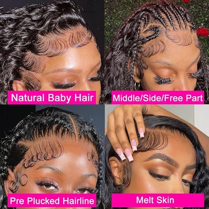 13x6 Lace Front Wigs Human Hair Water Wave 200 Density 13x6 HD Full Lace Frontal Wigs Pre Plucked Wet and Wavy Glueless Deep Curly Human Hair Wigs for Women Natural Black 22 Inch
