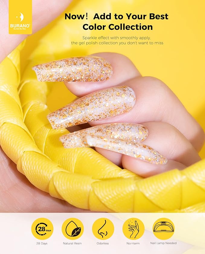 BURANO Glitter Gel Nail Polish, LED UV Nail Gel Shimmer Holographic Effect Soak off Gel Curing Required, No Chip Gel Polish Sparkle Gel Home DIY Nail Salon (Gold LP3)