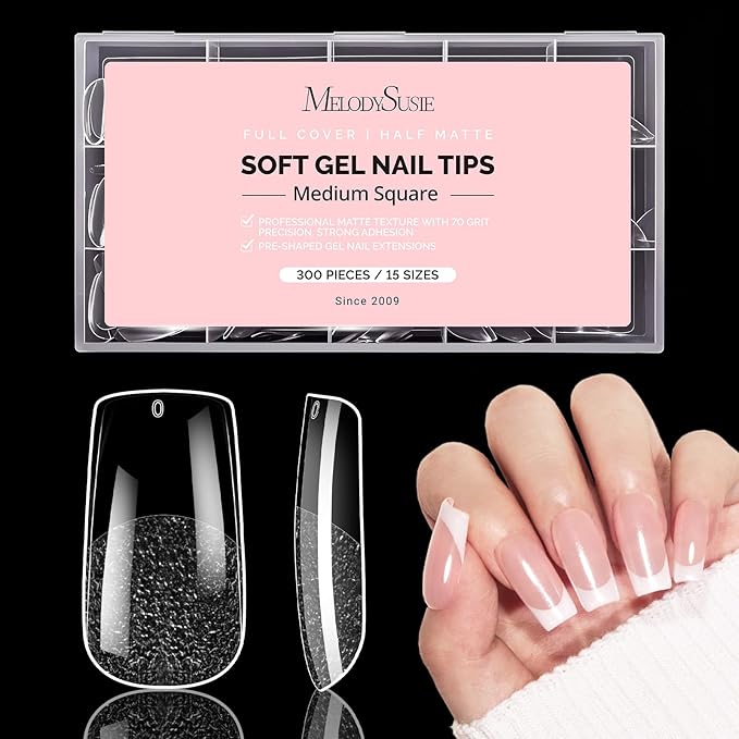 MelodySusie Medium Square X Nail Tips - 300Pcs 15Sizes Clear Acrylic, Half Matte Full Cover Press on Nails for DIY Extension & Salon Use, Pre-Shaped for Long-Lasting Manicure