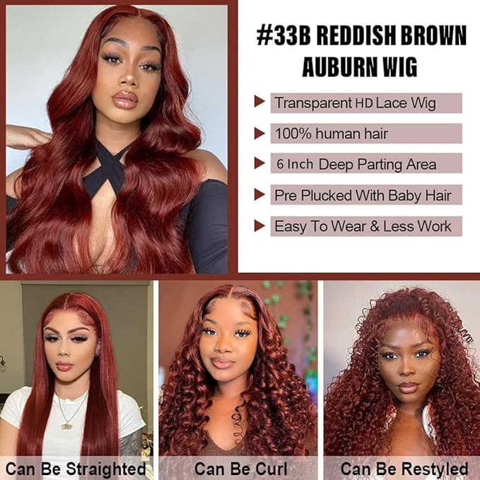 Reddish Brown Human Hair Wig Body Wave 13x6 Lace Front Wigs Human Hair Wigs For Black Women 32 Inch