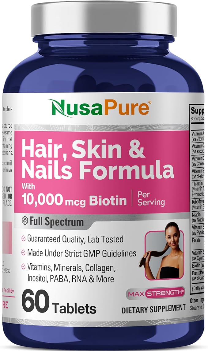 NusaPure Hair, Skin & Nails Formula with 10,000 mcg Biotin Per Serving 60 Tablets Vegetarian/Vegan, Non-GMO