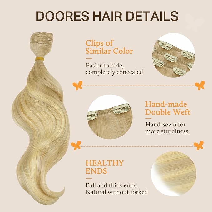 DOORES Clip-in Hair Extensions Real Human Hair, Dirty Blonde & Platinum Blonde Mix, 80g, 12 Inch, 7pcs, Straight Natural