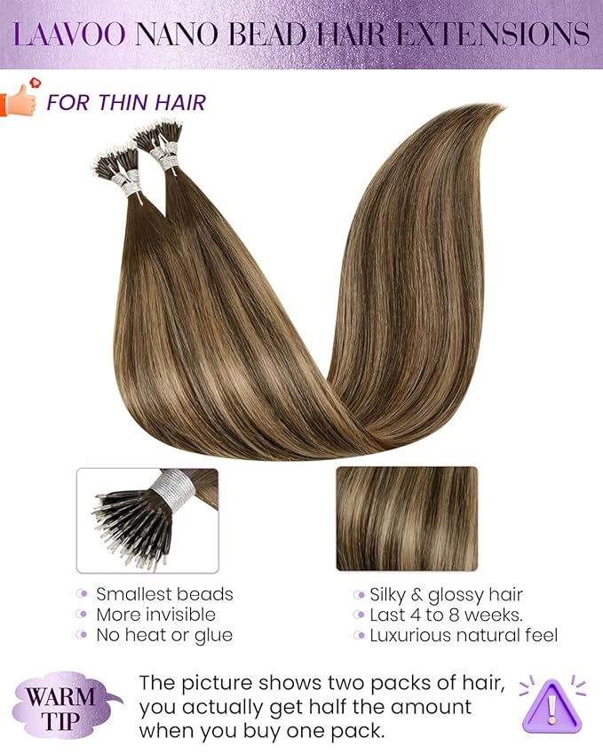 LaaVoo Nano Bead Hair Extensions Human Hair Nano Extensions Balayage Dark Brown to Caramel Brown Nano Hair Extensions Human Hair Ombre Brown Cold Fusion 50s 50g 22 Inch